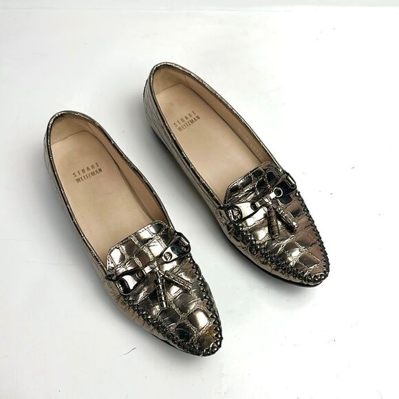 Stuart Weitzman Metallic Croc Embossed Topstitch Moccasin Loafer With Tassel 7,5 - Picture 2 of 16